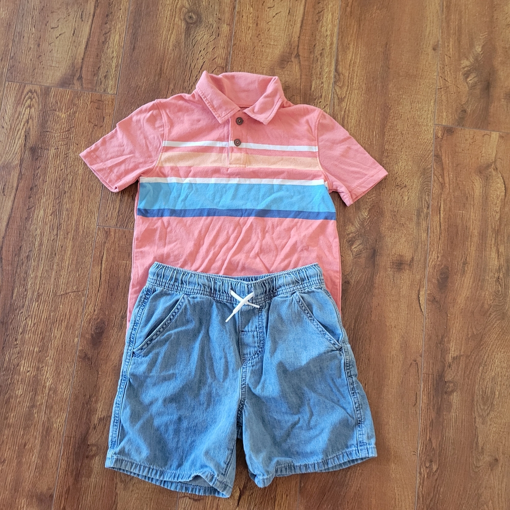 Striped Pink Polo Shirt and Denim Shorts Set